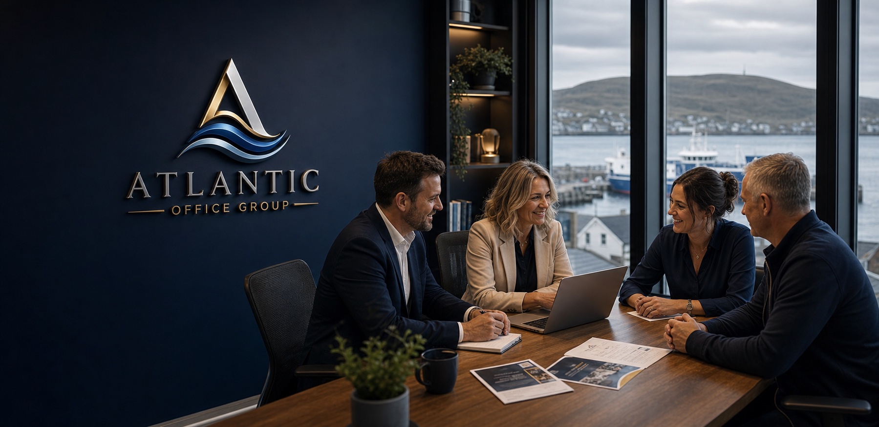 Professional business people working with clients in a Lerwick office with the Atlantic Office Group logo and Bressay Sound in the background